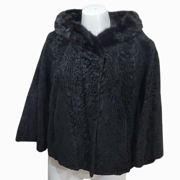 Vintage Black Persian Lamb Mink Collar Swing Coat Jacket - Picture 10 of 10